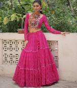 PINK BANDHANI PRINT GAMTHI EMBROIDERED GEORGETTE NAVRATRI  STITCHED LEHENGA CHOLI