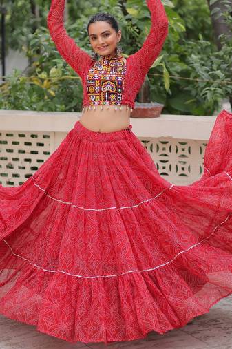 RED BANDHANI PRINT GAMTHI EMBROIDERED GEORGETTE NAVRATRI  STITCHED LEHENGA CHOLI