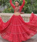 RED BANDHANI PRINT GAMTHI EMBROIDERED GEORGETTE NAVRATRI  STITCHED LEHENGA CHOLI