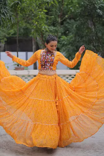 YELLOW BANDHANI PRINT GAMTHI EMBROIDERED GEORGETTE NAVRATRI STITCHED LEHENGA CHOLI