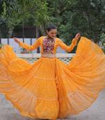 YELLOW BANDHANI PRINT GAMTHI EMBROIDERED GEORGETTE NAVRATRI STITCHED LEHENGA CHOLI
