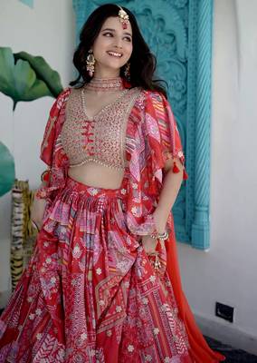 Red Digital Printed with Dori and Zari embroidered Chinnon Silk wedding sangeet ceremony lehenga 2