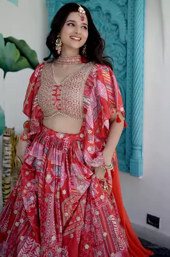 Red Digital Printed with Dori and Zari embroidered Chinnon Silk wedding sangeet ceremony lehenga