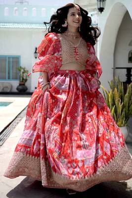 Red Digital Printed with Dori and Zari embroidered Chinnon Silk wedding sangeet ceremony lehenga 3