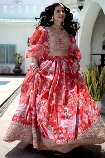 Red Digital Printed with Dori and Zari embroidered Chinnon Silk wedding sangeet ceremony lehenga