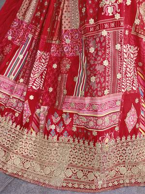 Red Digital Printed with Dori and Zari embroidered Chinnon Silk wedding sangeet ceremony lehenga 4