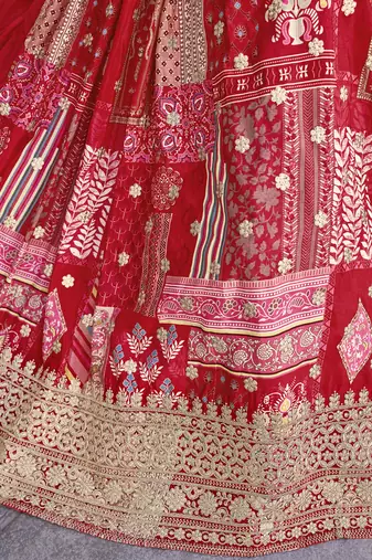 Red Digital Printed with Dori and Zari embroidered Chinnon Silk wedding sangeet ceremony lehenga