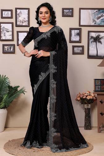 Black shimmer fabric diamond work saree with unstitched blouse