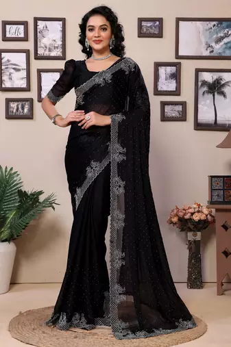 Black shimmer fabric diamond work saree with unstitched blouse