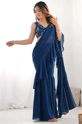 Modern Ruffle Saree Dress Navy Blue Layered Drapes with Crop Top