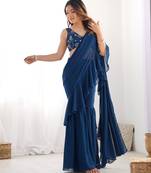 ready to wear modern ruffle saree dress navy blue layered drapes with crop top