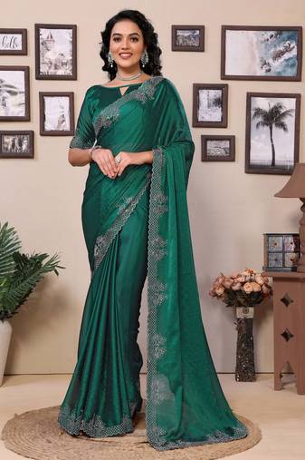 Green shimmer fabric diamond work saree with unstitched blouse