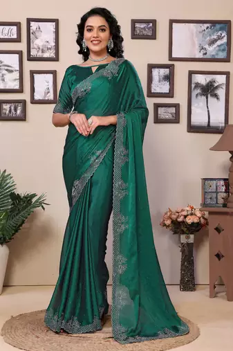 Green shimmer fabric diamond work saree with unstitched blouse