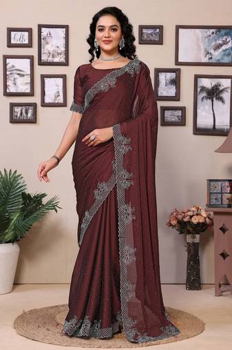 Maroon shimmer fabric diamond work saree with unstitched blouse
