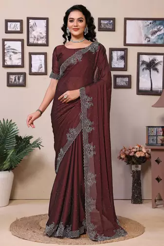 Maroon shimmer fabric diamond work saree with unstitched blouse