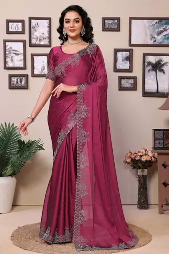 Pink shimmer fabric diamond work saree with unstitched blouse