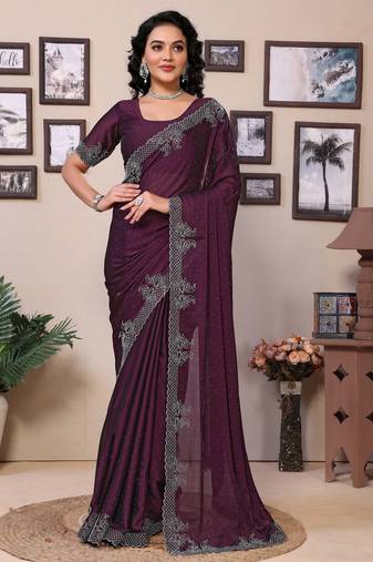 Purple shimmer fabric diamond work saree with unstitched blouse