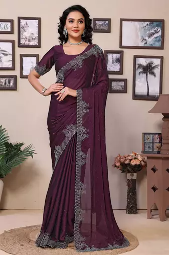 Purple shimmer fabric diamond work saree with unstitched blouse