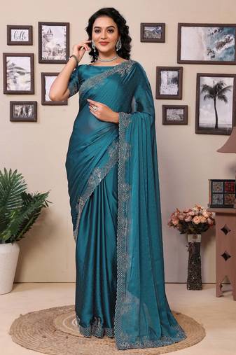 Rama shimmer fabric diamond work saree with unstitched blouse
