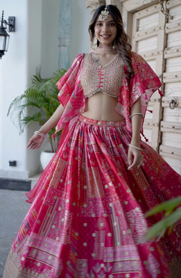 Pink Digital Printed with Dori and Zari embroidered Chinnon Silk party wear lehenga 2