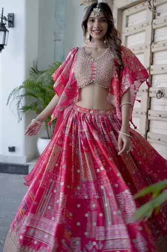 Pink Digital Printed with Dori and Zari embroidered Chinnon Silk party wear lehenga