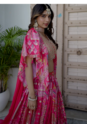 Pink Digital Printed with Dori and Zari embroidered Chinnon Silk party wear lehenga 3