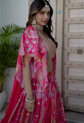 Pink Digital Printed with Dori and Zari embroidered Chinnon Silk party wear lehenga