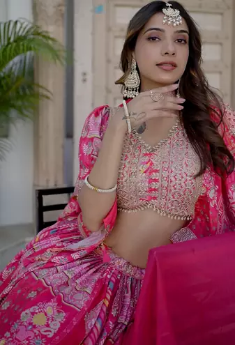 Pink Digital Printed with Dori and Zari embroidered Chinnon Silk party wear lehenga