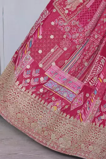 Pink Digital Printed with Dori and Zari embroidered Chinnon Silk party wear lehenga