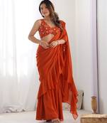 ready to wear modern ruffle saree dress rust orange layered drapes with crop top