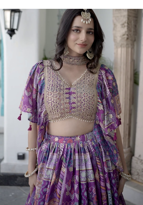 Purple Digital Printed with Dori and Zari embroidered Chinnon Silk reception wear lehenga 2