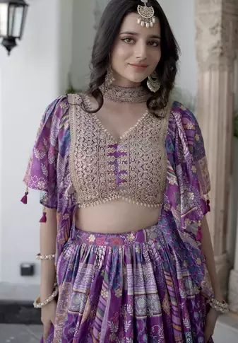 Purple Digital Printed with Dori and Zari embroidered Chinnon Silk reception wear lehenga