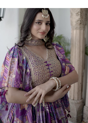 Purple Digital Printed with Dori and Zari embroidered Chinnon Silk reception wear lehenga 3