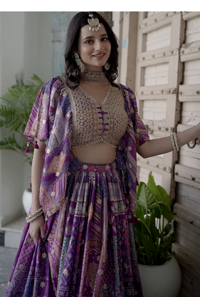 Purple Digital Printed with Dori and Zari embroidered Chinnon Silk reception wear lehenga 4