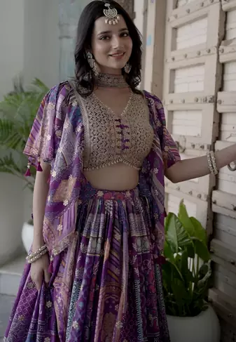 Purple Digital Printed with Dori and Zari embroidered Chinnon Silk reception wear lehenga