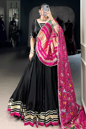 Black Georgette Patola Printed Navratri Wear Lehenga Choli