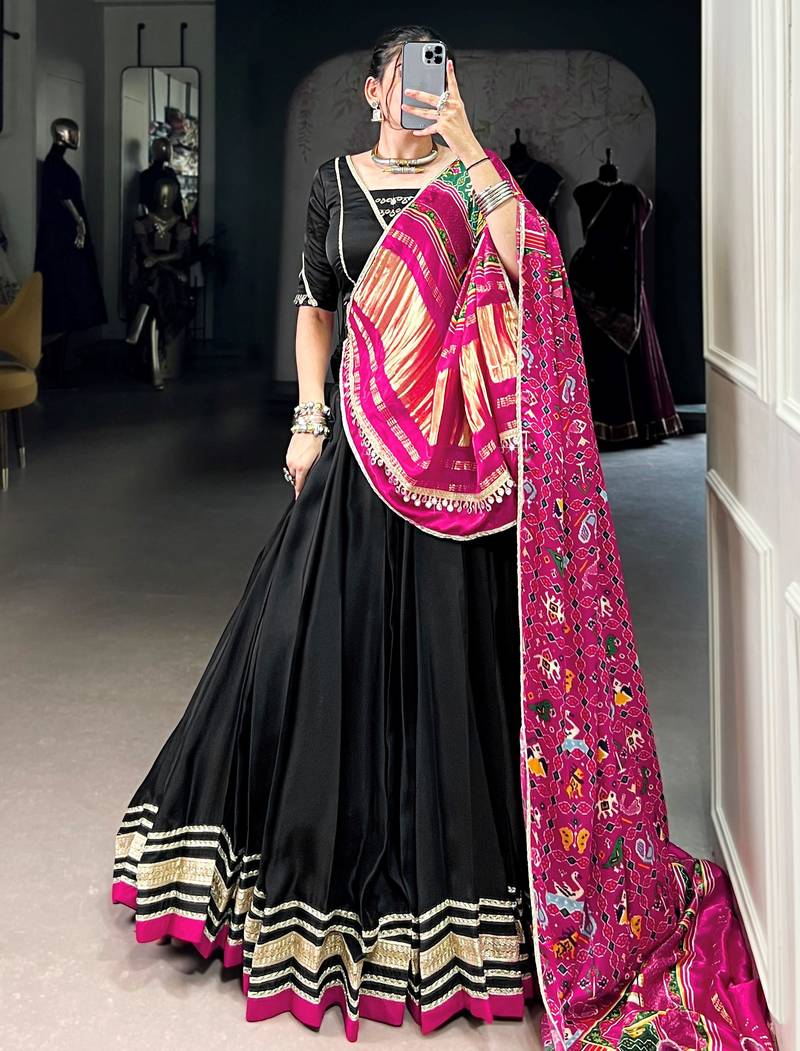 Black Georgette Patola Printed Navratri Wear Lehenga Choli
