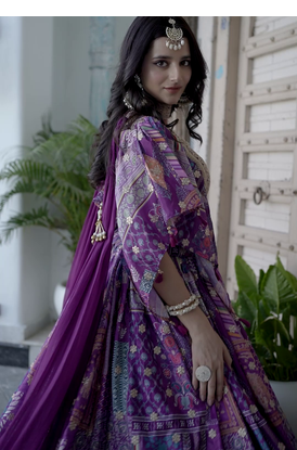 Purple Digital Printed with Dori and Zari embroidered Chinnon Silk reception wear lehenga 5