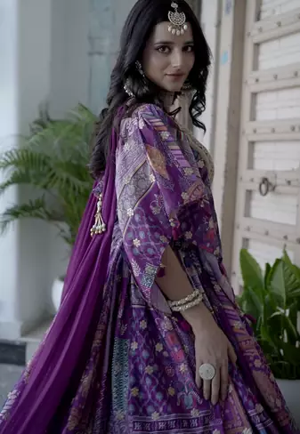 Purple Digital Printed with Dori and Zari embroidered Chinnon Silk reception wear lehenga