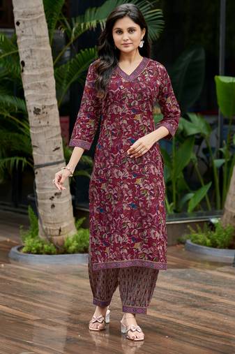 Maroon cotton floral printed straight kurta with afghani salwar