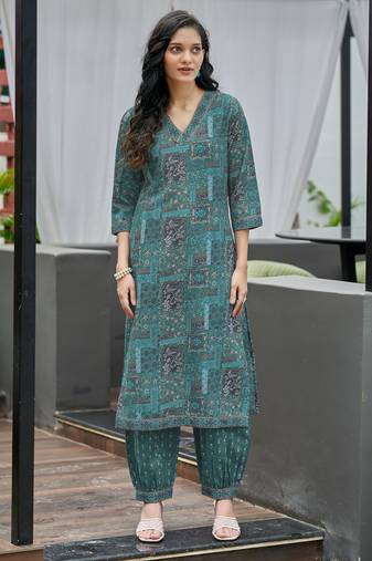 Sea green cotton geometric printed straight kurta with afghani salwar