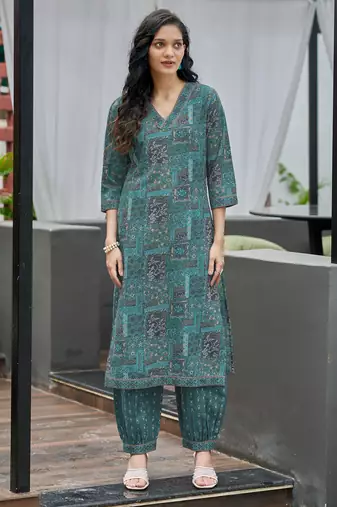 Sea green cotton geometric printed straight kurta with afghani salwar