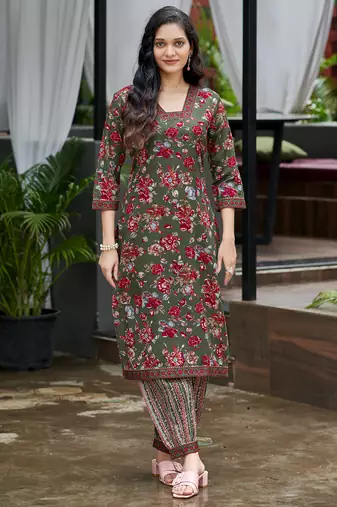 Green cotton floral printed straight kurta with afghani salwar