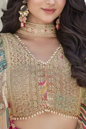 Beige Digital Printed with Dori and Zari embroidered Chinnon Silk Bollywood lehenga