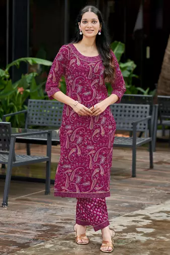 Pink cotton paisley printed straight kurta with afghani salwar