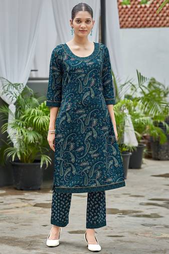 Navy blue cotton paisley printed straight kurta with pant