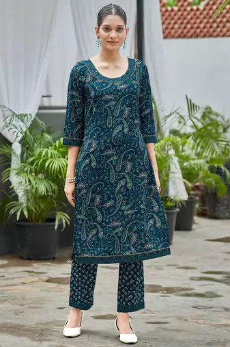 Navy blue cotton paisley printed straight kurta with pant