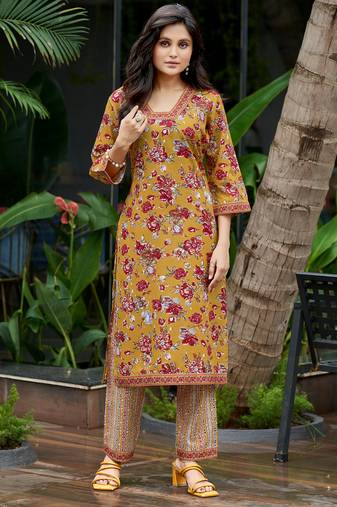 Yellow cotton floral printed straight kurta with pant