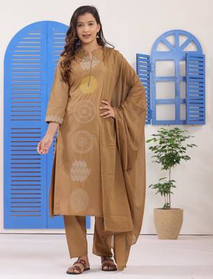 Dark Beige Embroidered Cotton Suit Set with Dupatta 1