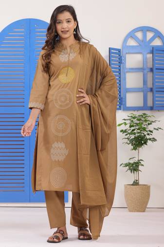 Dark Beige Embroidered Cotton Suit Set with Dupatta